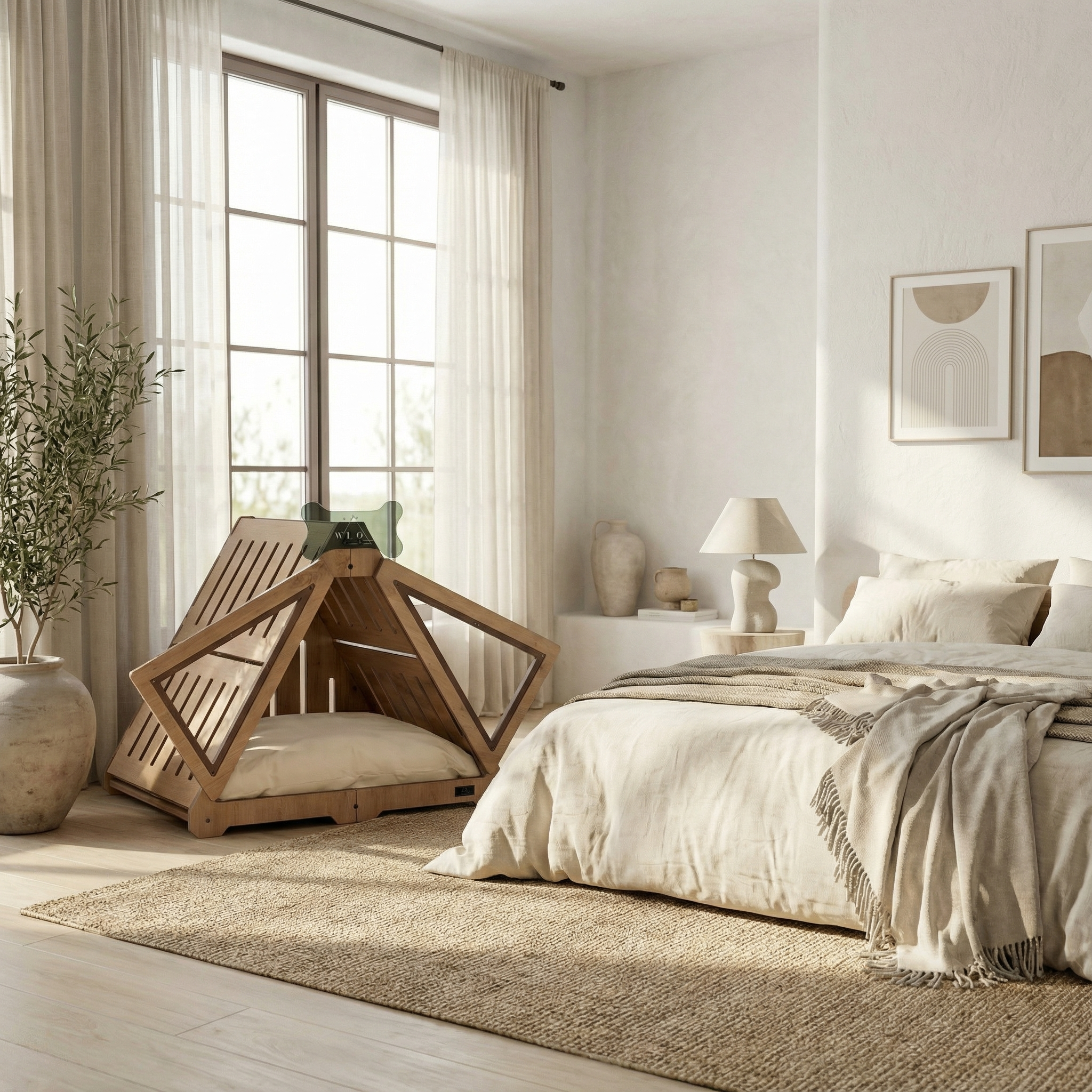 Modern bedroom with wooden chair, bed, and decor elements.