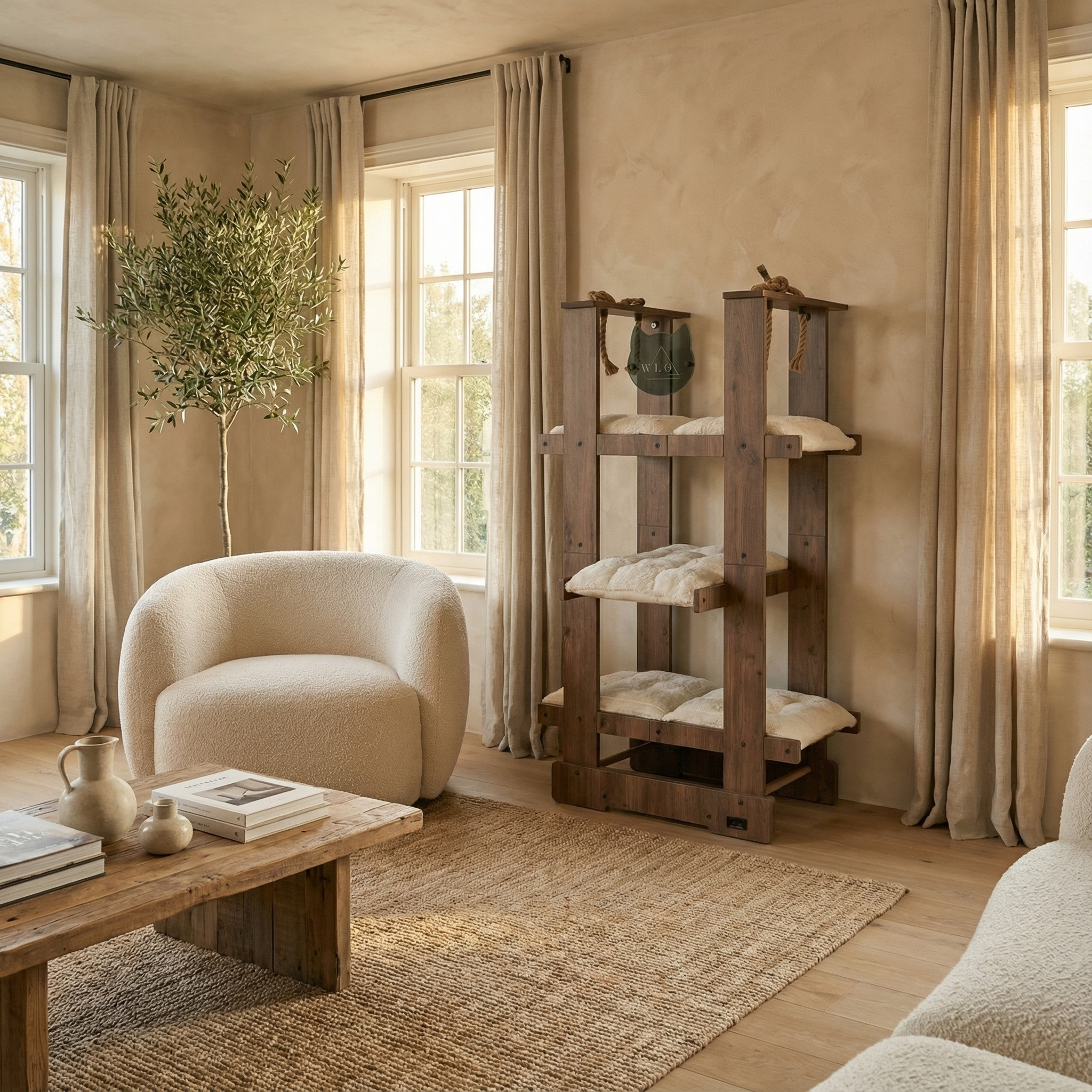 WLO® Classic Walnut Malibu Cat Tree | Modern Multi-Level Cat Tower for Large Cats