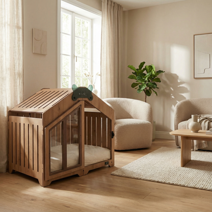 Wooden pet crate in a cozy living room with a plant and furniture.