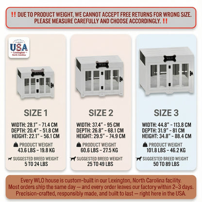 Three sizes of a pet enclosure with dimensions and weight information.
