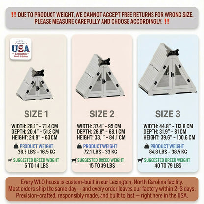 Three sizes of a pet playhouse with dimensions, product weight, and suggested breed weight displayed.