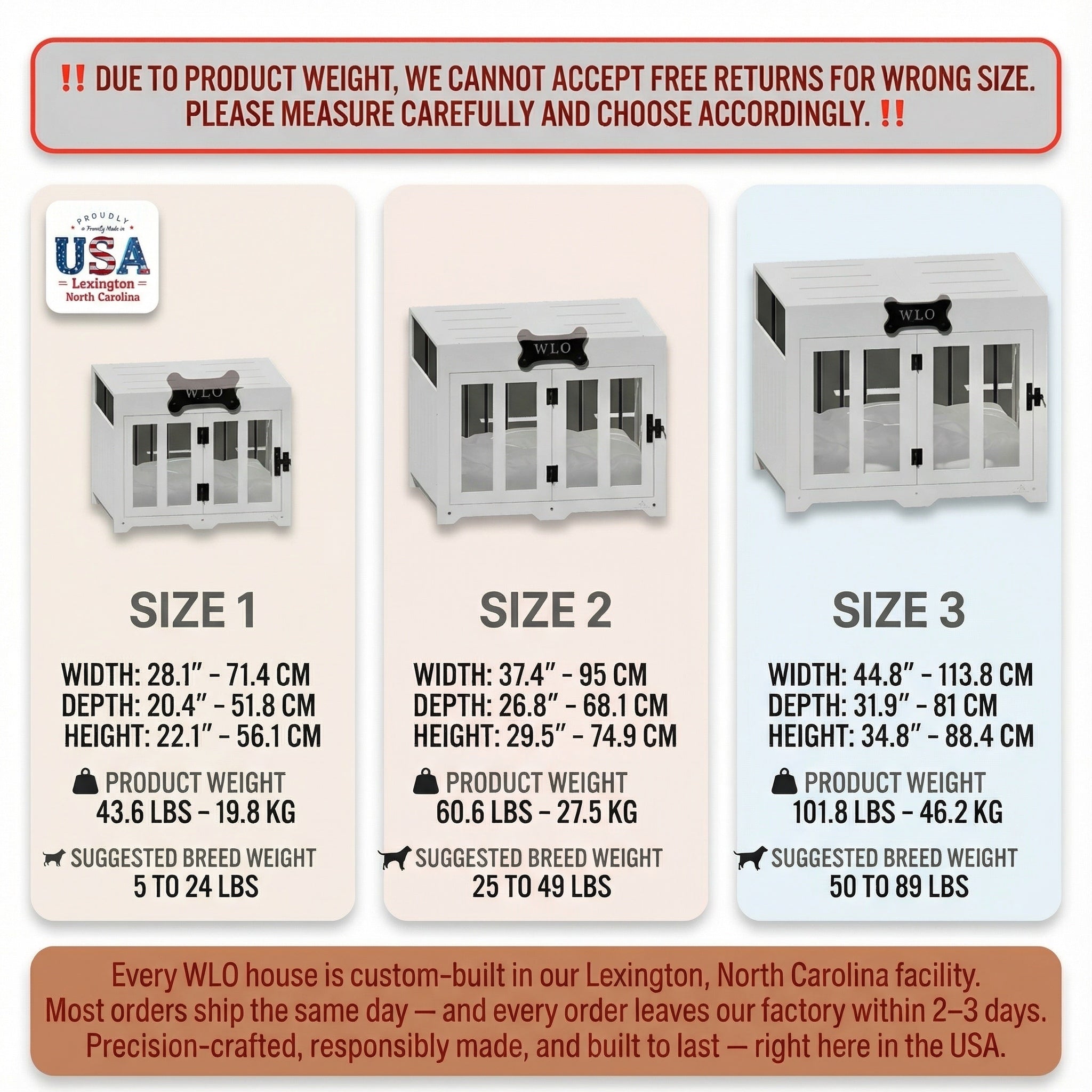Three sizes of a pet enclosure with dimensions and weight information.