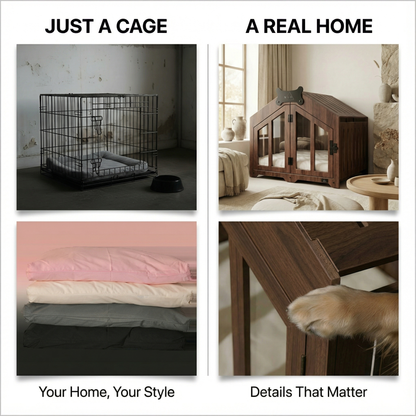 Comparison of a dog crate labeled 'Just a Cage' and a wooden pet house labeled 'A Real Home' with bedding and furniture.