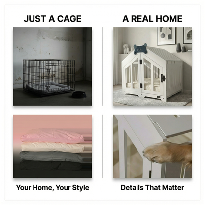 Comparison of a dog crate labeled 'Just a Cage' versus a dog house labeled 'A Real Home' with decorative elements.