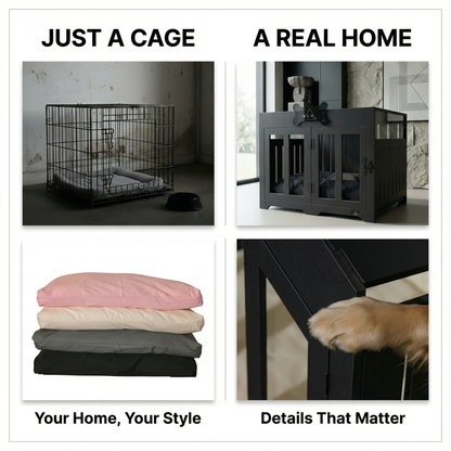 Comparison of a dog cage labeled 'Just a Cage' and a dog kennel labeled 'A Real Home' with decorative elements.