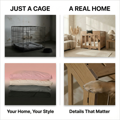 Comparison of a cage labeled 'Just a Cage' and a wooden pet crate labeled 'A Real Home' with furniture and decor.