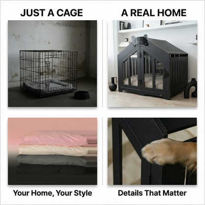 Comparison of a dog crate labeled 'Just a Cage' versus a stylish pet enclosure labeled 'A Real Home'.
