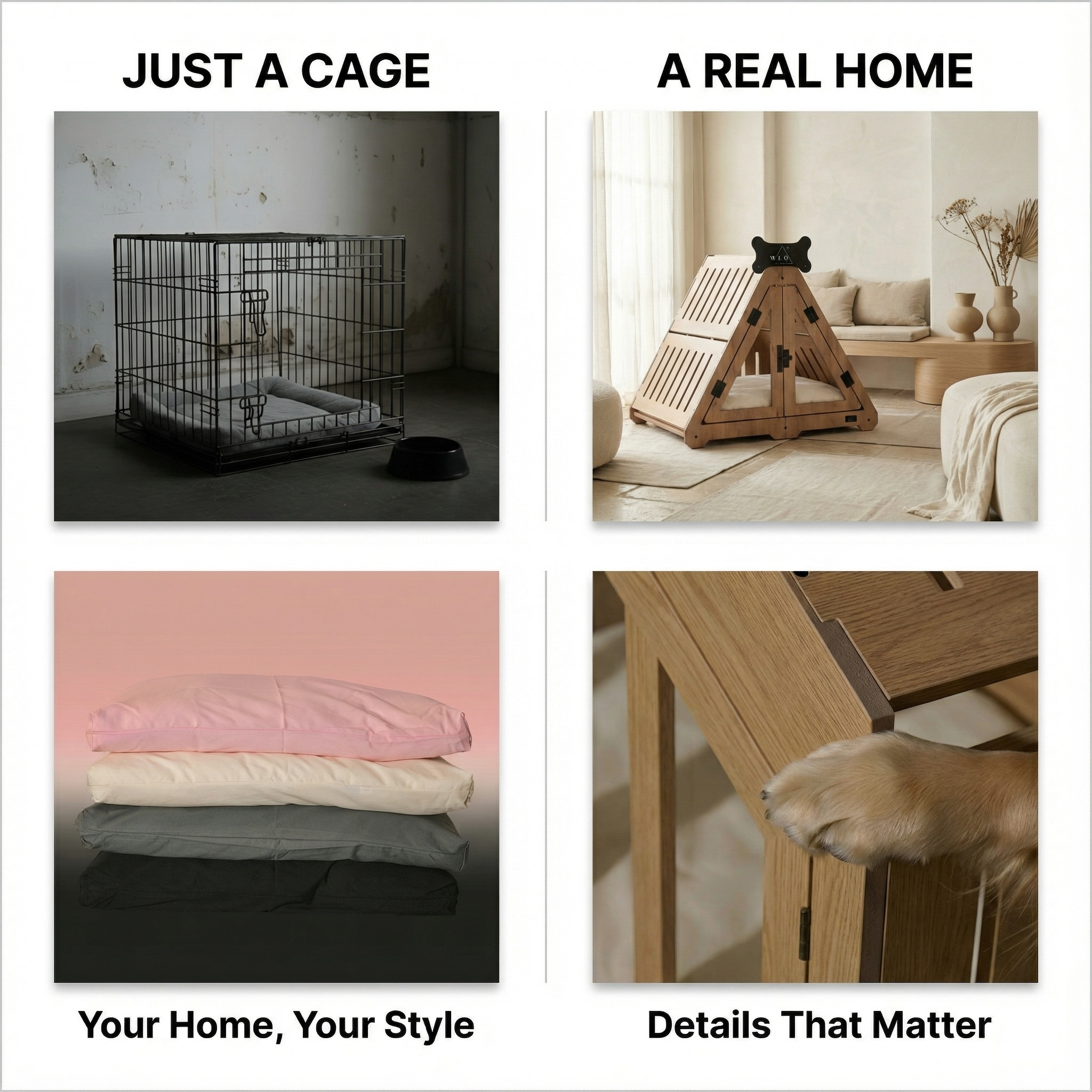 Comparison of a cage labeled 'Just a Cage' and a home setting labeled 'A Real Home' with furniture and decor.