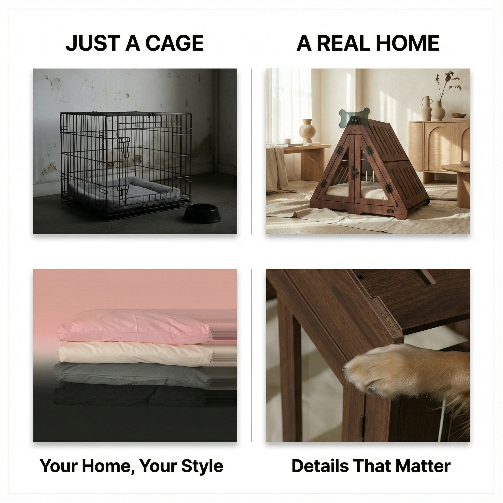 Comparison of a cage labeled 'Just a Cage' and a wooden pet playpen labeled 'A Real Home' with additional elements like a pink blanket and wooden furniture.