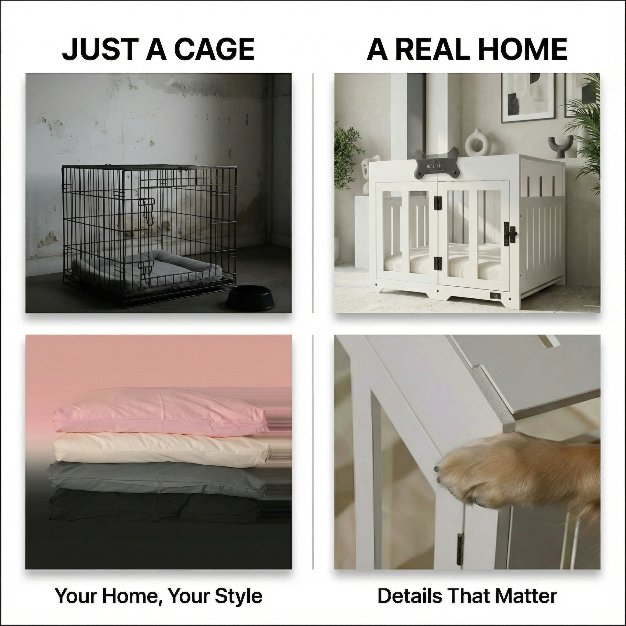 Comparison of a dog crate labeled 'Just a Cage' versus a dog bed labeled 'A Real Home' with decorative elements.