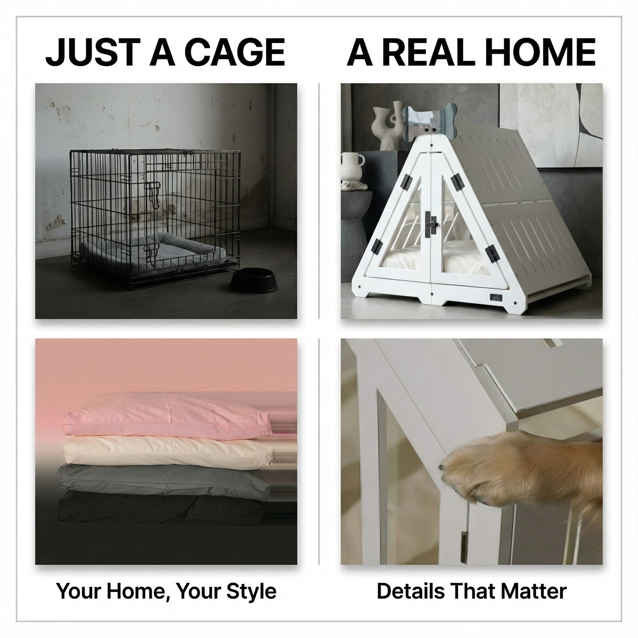 Comparison of a cage labeled 'Just a Cage' and a home setup labeled 'A Real Home' with various elements.