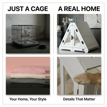 Comparison of a cage labeled 'Just a Cage' and a home setup labeled 'A Real Home' with various elements.