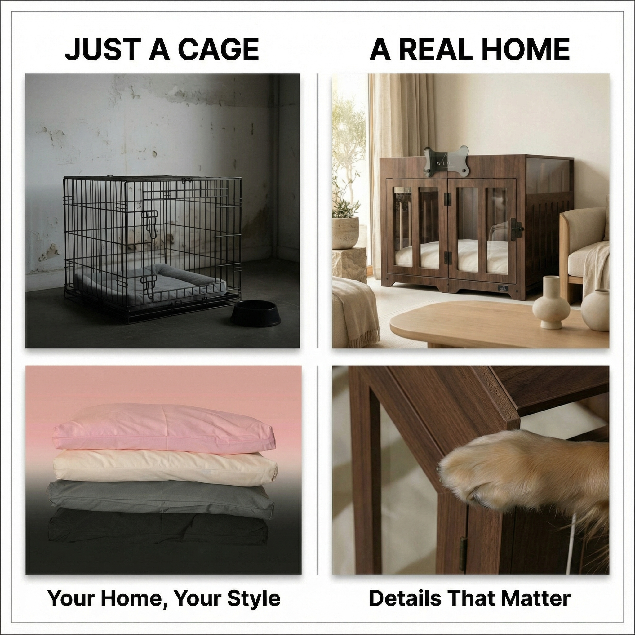 Comparison of a cage labeled 'Just a Cage' and a home setting labeled 'A Real Home' with furniture and decor.