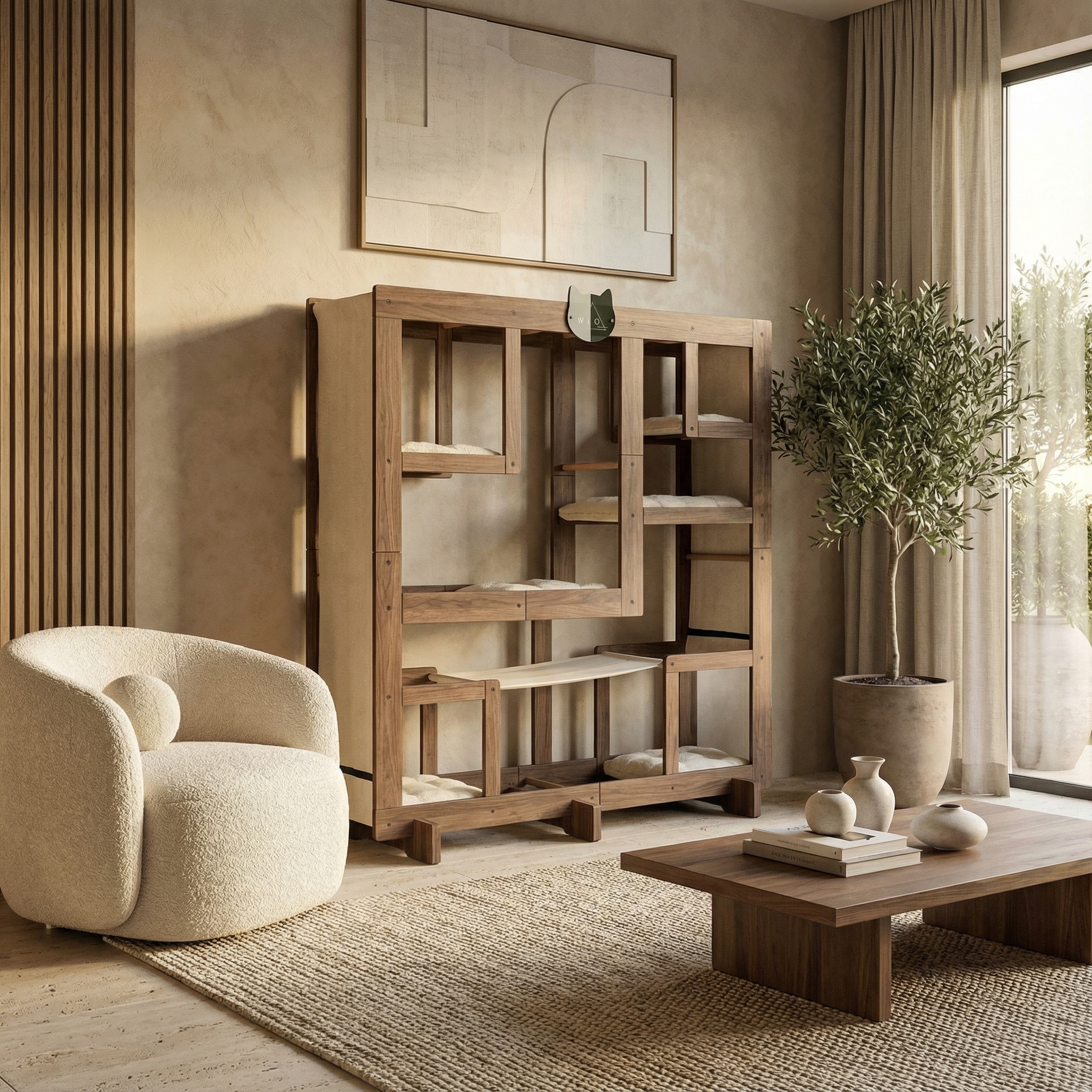 WLO® 클래식 월넛 사각 고양이 스테이션 | 모듈식 벽걸이형 고양이 등반 시스템