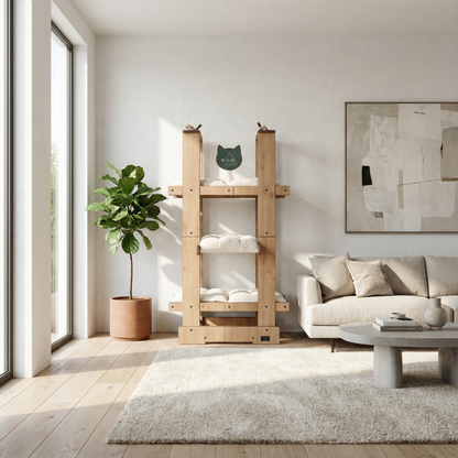 WLO® Natural Oak Malibu Cat Tree | Modern Multi-Level Cat Tower for Large Cats