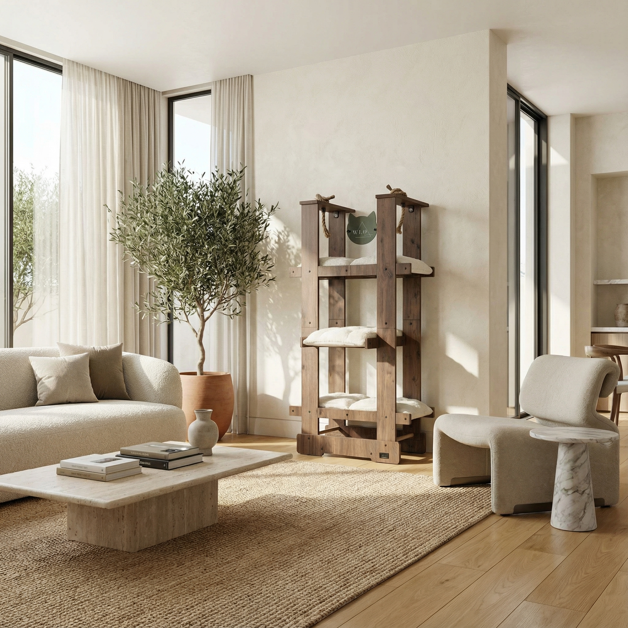 WLO® クラシックウォールナット マリブ キャットツリー | 大型猫用モダン多層キャットタワー