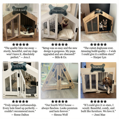 Collage of dog crates with customer reviews and ratings.
