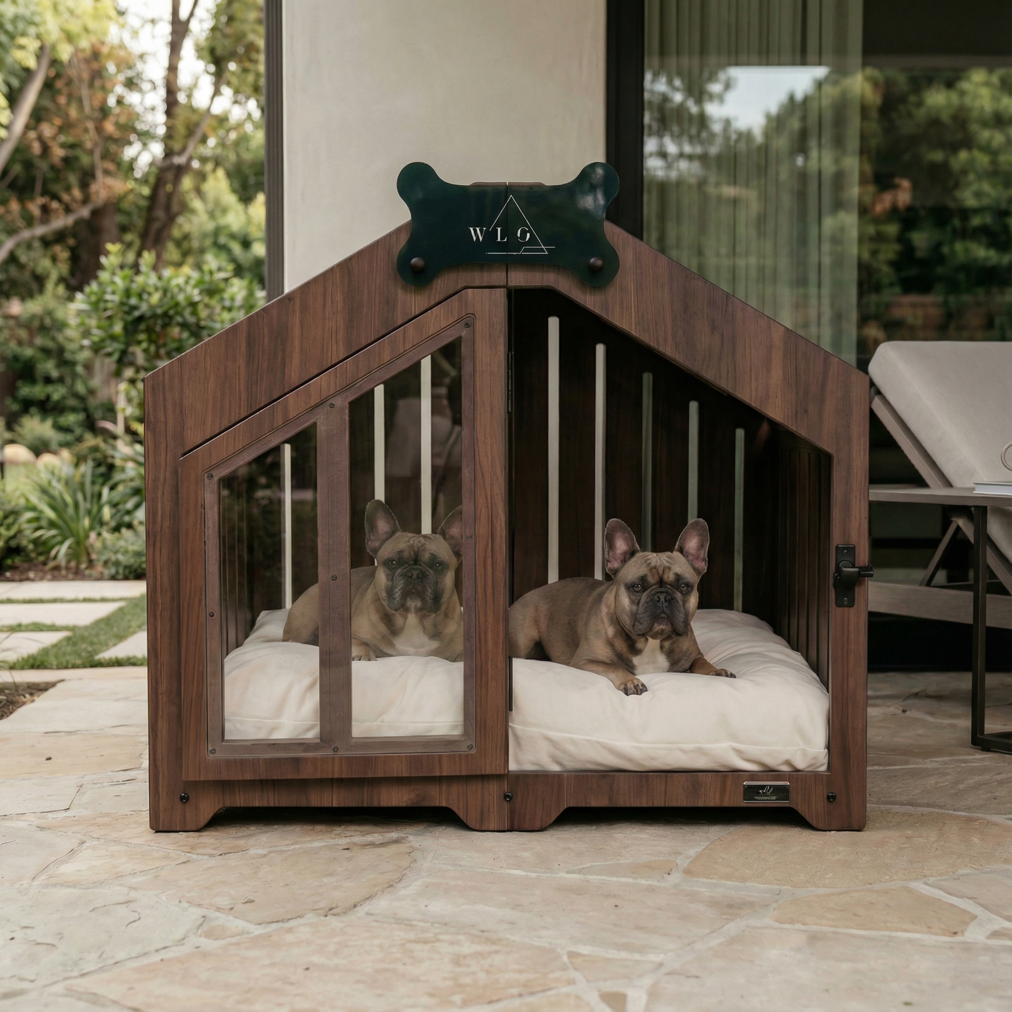 Two dogs in a wooden pet crate with 'WLG' branding on a patio.