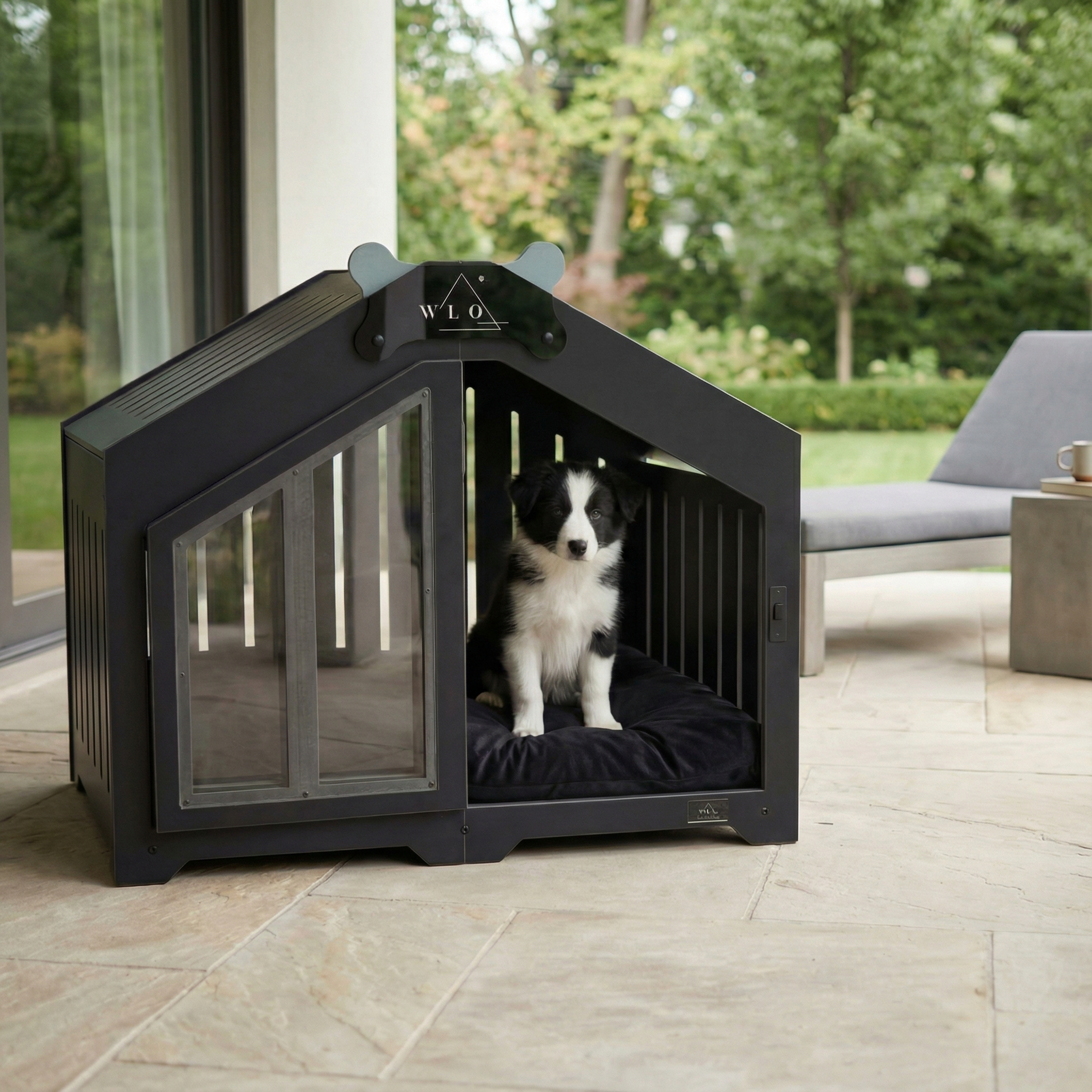 Dog inside a black pet crate with 'W.L.O.' branding on a patio.