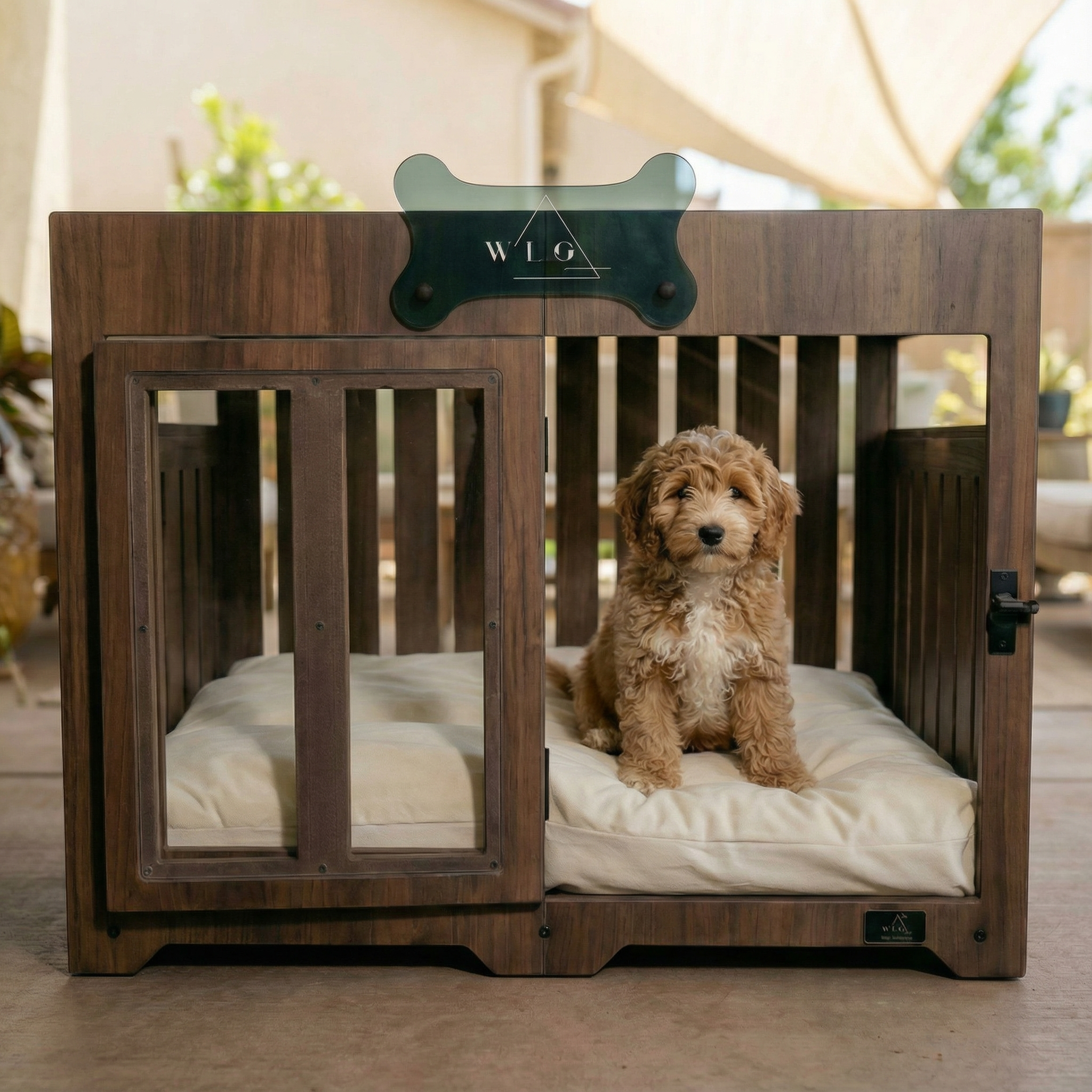 Dog sitting inside a wooden pet crate with a visible brand logo on a patio.