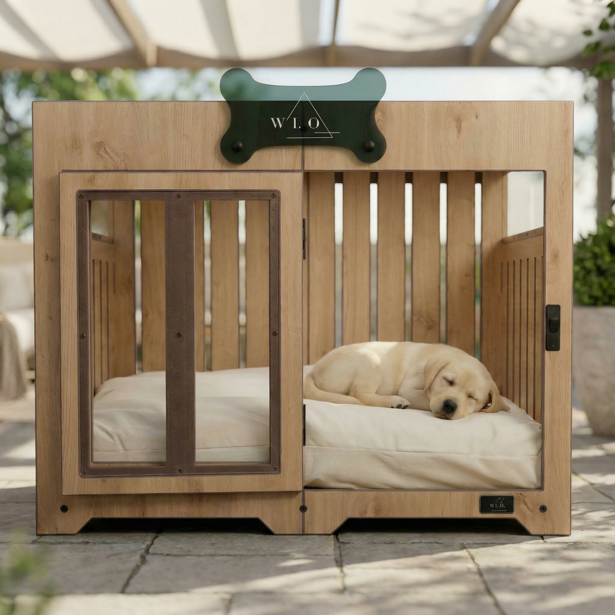 Wooden pet crate with a dog inside, branded 'WLO', outdoors.