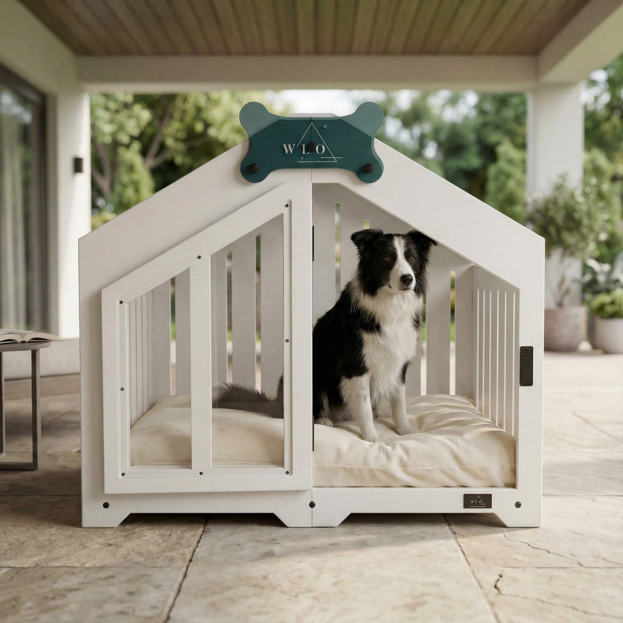 Dog sitting in a white pet crate with a visible brand logo outdoors.