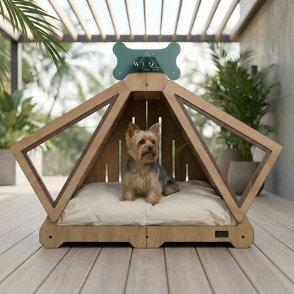 Dog lying on a wooden pet bed with a geometric design outdoors.