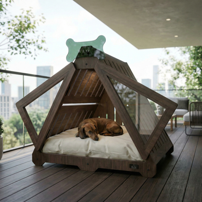 Wooden pet bed with a dog inside on a modern patio