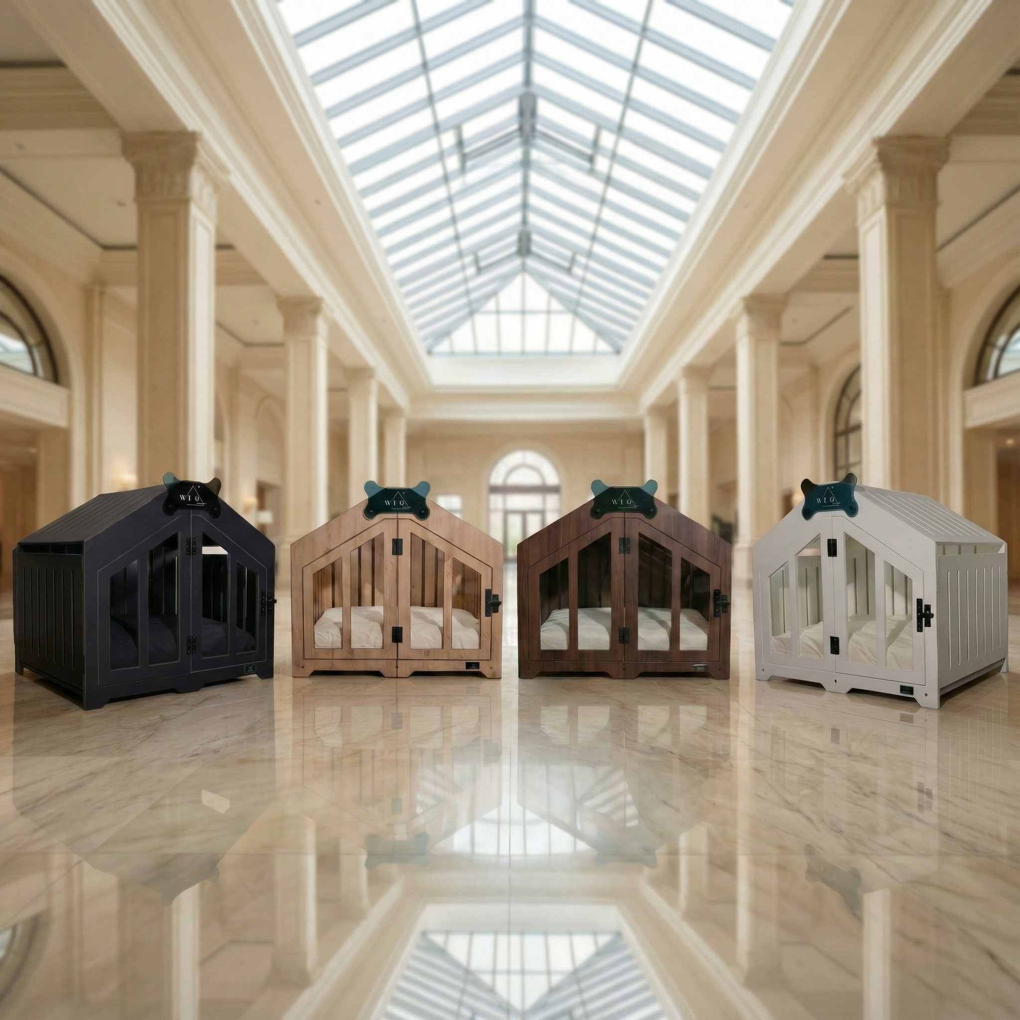 Four pet crates in different colors inside a large, elegant building with high ceilings.