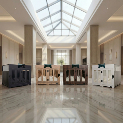 Four pet crates in different colors on a marble floor with a large skylight in the background.