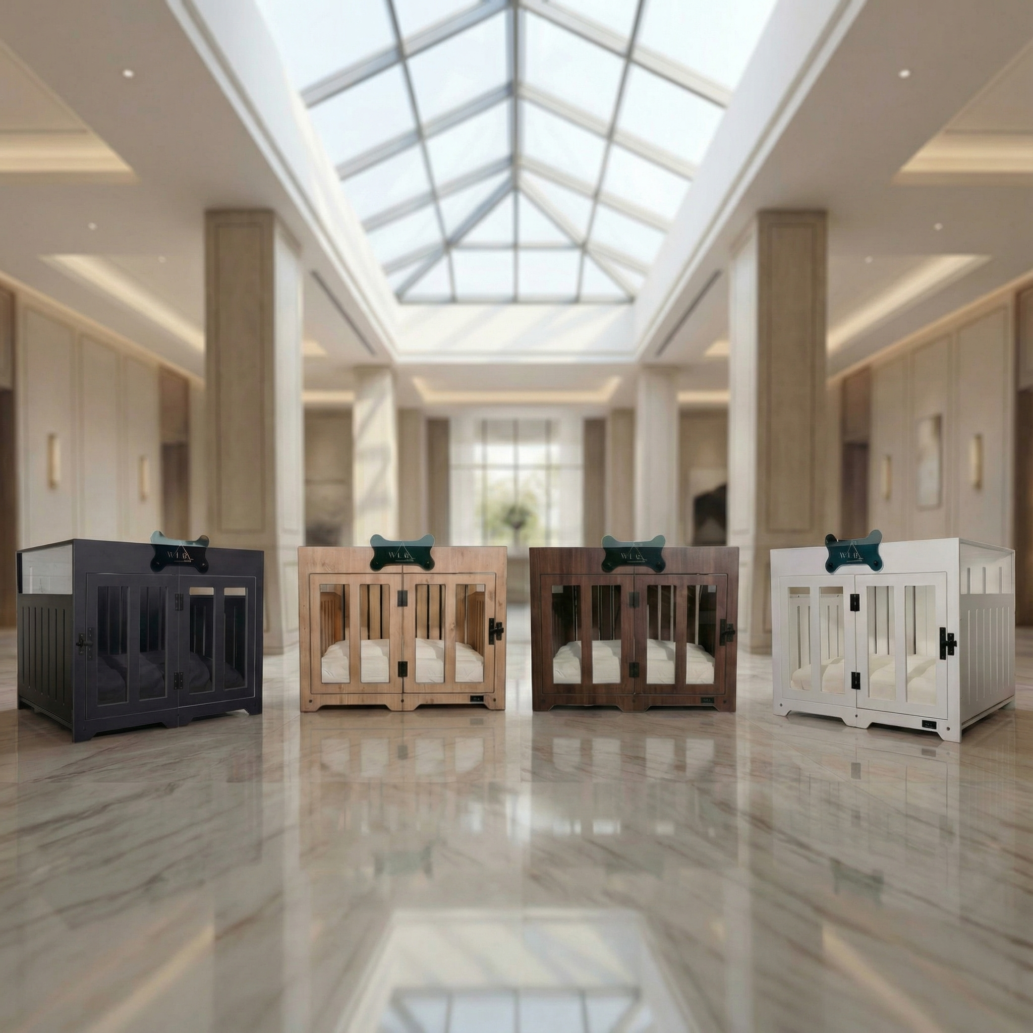 Four pet crates in different colors on a marble floor with a large skylight in the background.