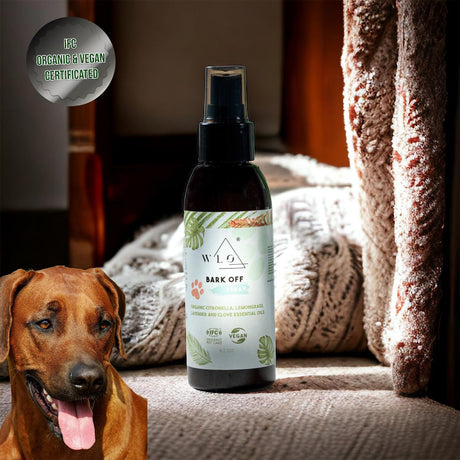 WLO Bark Off Spray 4.2 oz - Organic Behavior Modification | 50% Off + Gift Wooden Holder + Free Next Day Shipping for 5 Items all Organic Pet Care Products - WLO Wood