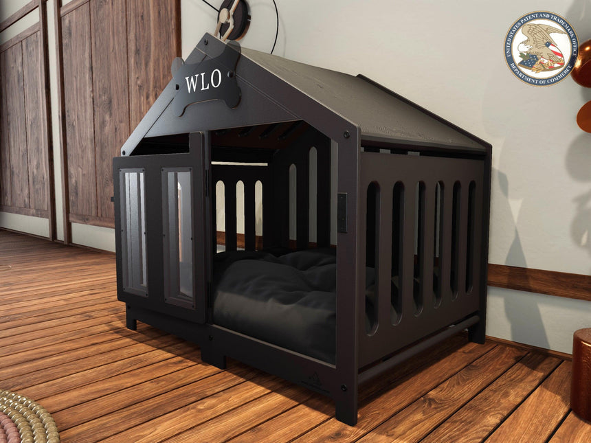 WLO® Black & Black Gabled Modern Dog Crate, Premium Wooden Dog Crate with Free Customization, Gift Cushion Covers - WLO Wood