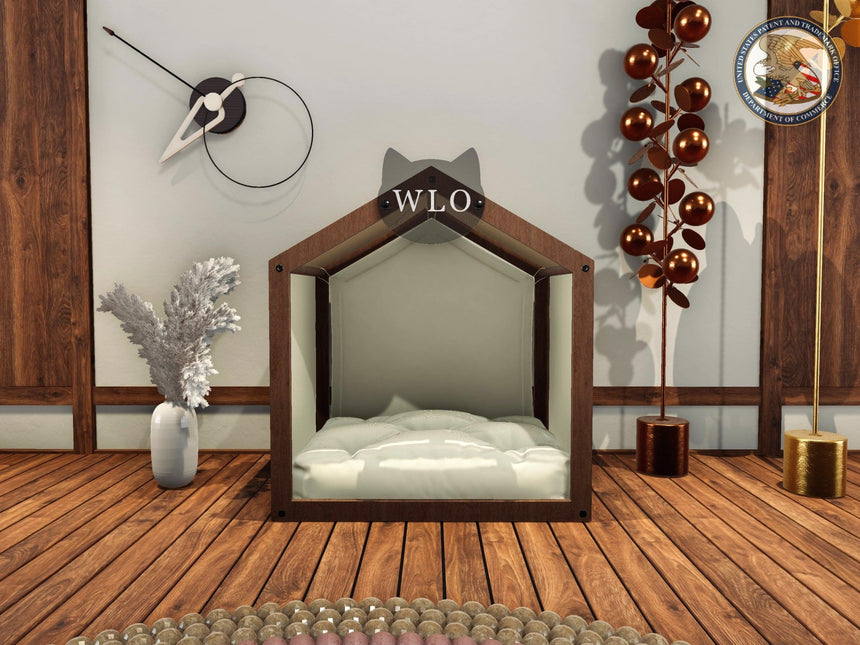WLO® Gabled Modern Cat Bed Premium Wooden Cat Bed with Free Customization, Multiple Colors & Gift Cushion Covers - WLO Wood