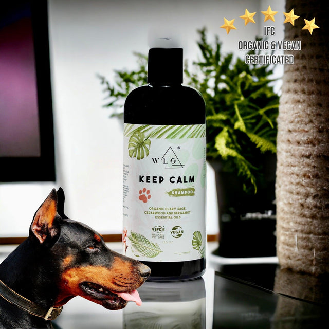 WLO® Keep Calm Shampoo 13.5 oz - Organic Stress-Relief Grooming | 50% Off + Gift Wooden Holder + Free Next Day Shipping for 5 Items all Organic Pet Care Products - WLO Wood