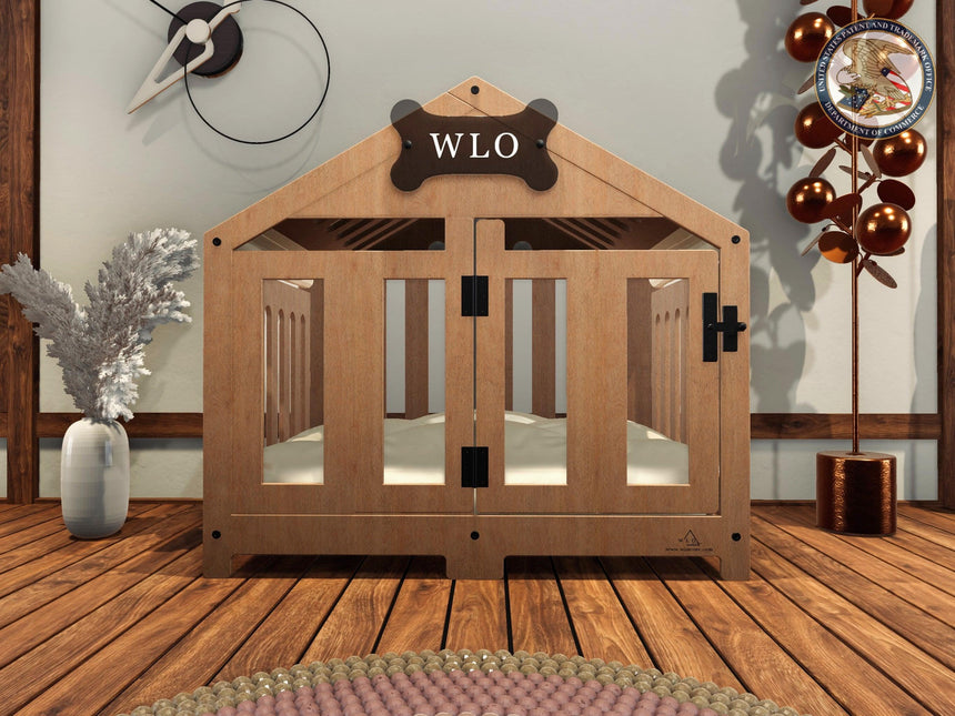 WLO® Natural & Ivory Gabled Modern Dog Crate, Premium Wooden Dog Crate with Free Customization, Gift Cushion Covers - WLO Wood