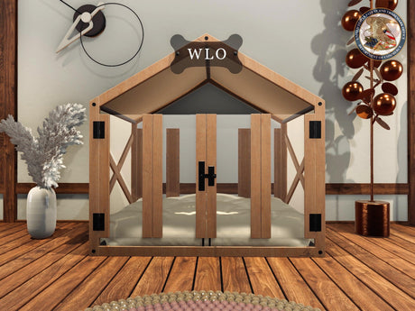 WLO® Natural & Ivory Gabled Modern Dog House, Premium Wooden Dog House with Free Customization, Gift Cushion Covers - WLO Wood