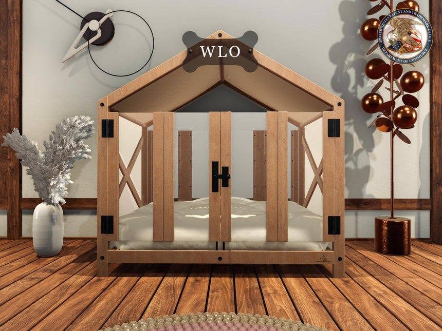 WLO® Natural & Ivory Gabled Modern Dog House, Premium Wooden Dog House with Free Customization, Gift Cushion Covers - WLO Wood