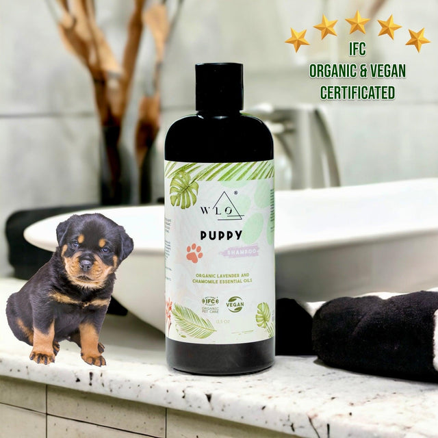 WLO® Puppy Shampoo 13.5 oz - Gentle and Soothing Formula | 50% Off + Gift Wooden Holder + Free Next Day Shipping for 5 Items all Organic Pet Care Products - WLO Wood