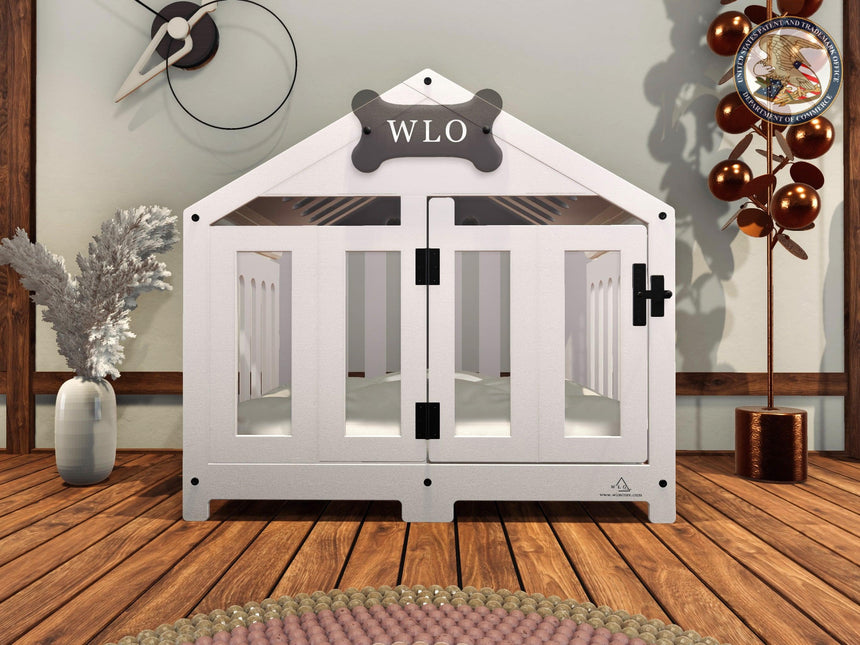 WLO® White & Ivory Gabled Modern Dog Crate, Premium Wooden Dog Crate with Free Customization, Cushion Covers - WLO Wood