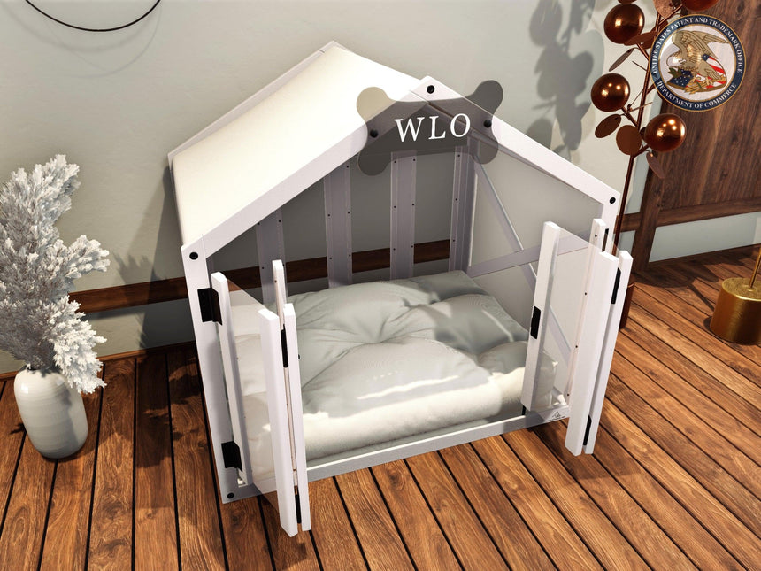 WLO® White & Ivory Gabled Modern Dog House, Premium Wooden Dog House with Free Customization, Gift Cushion Covers - WLO Wood