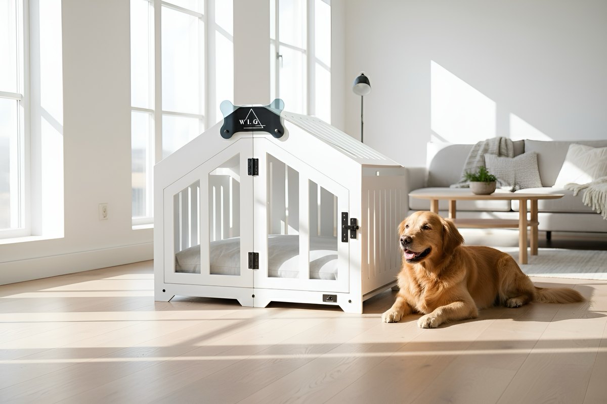 Modern white WLO EcoComposite dog crate blending with a bright living room; happy dog nearby