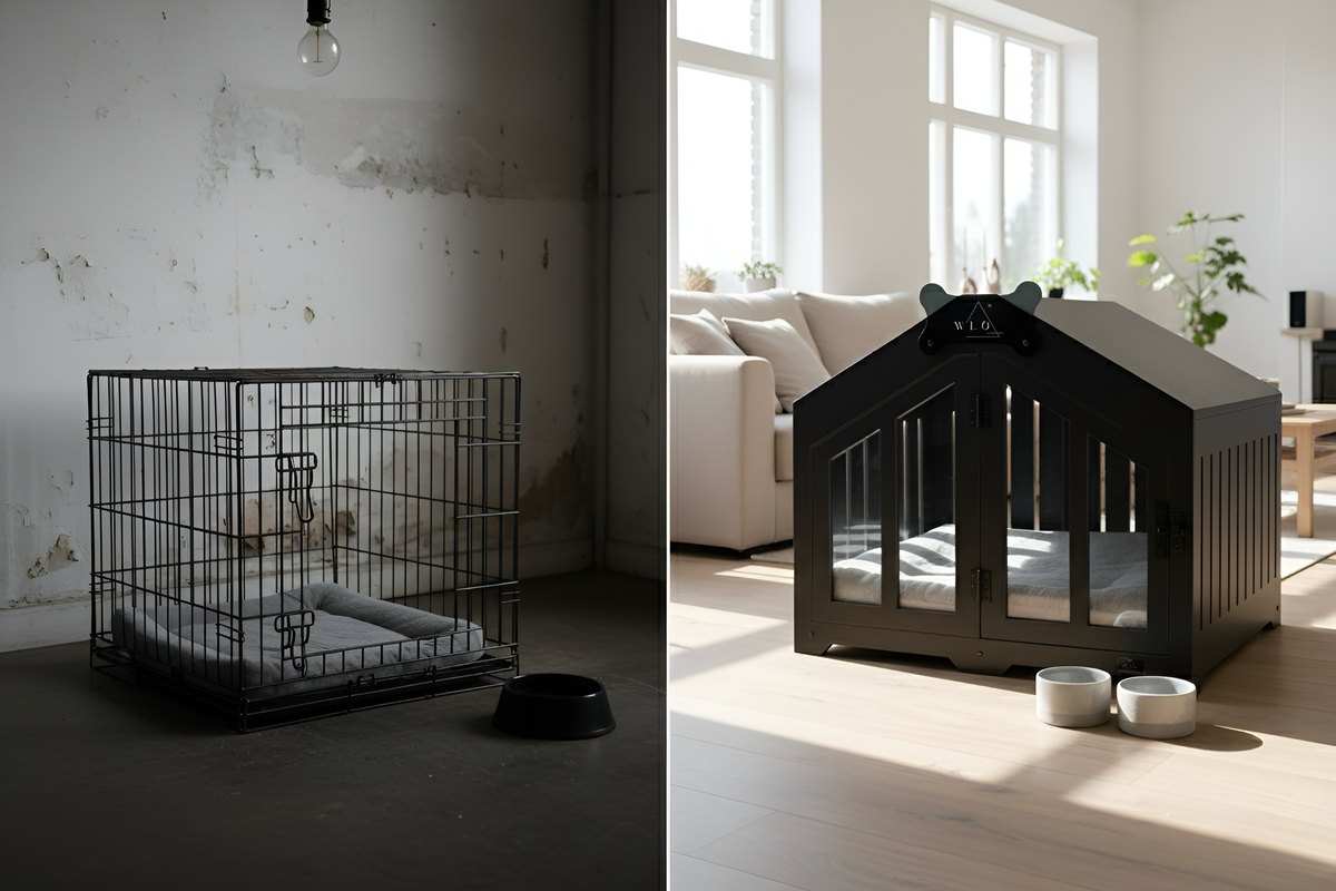 Side-by-side: sad dog in a wire crate vs. calm dog resting inside a cozy WLO crate