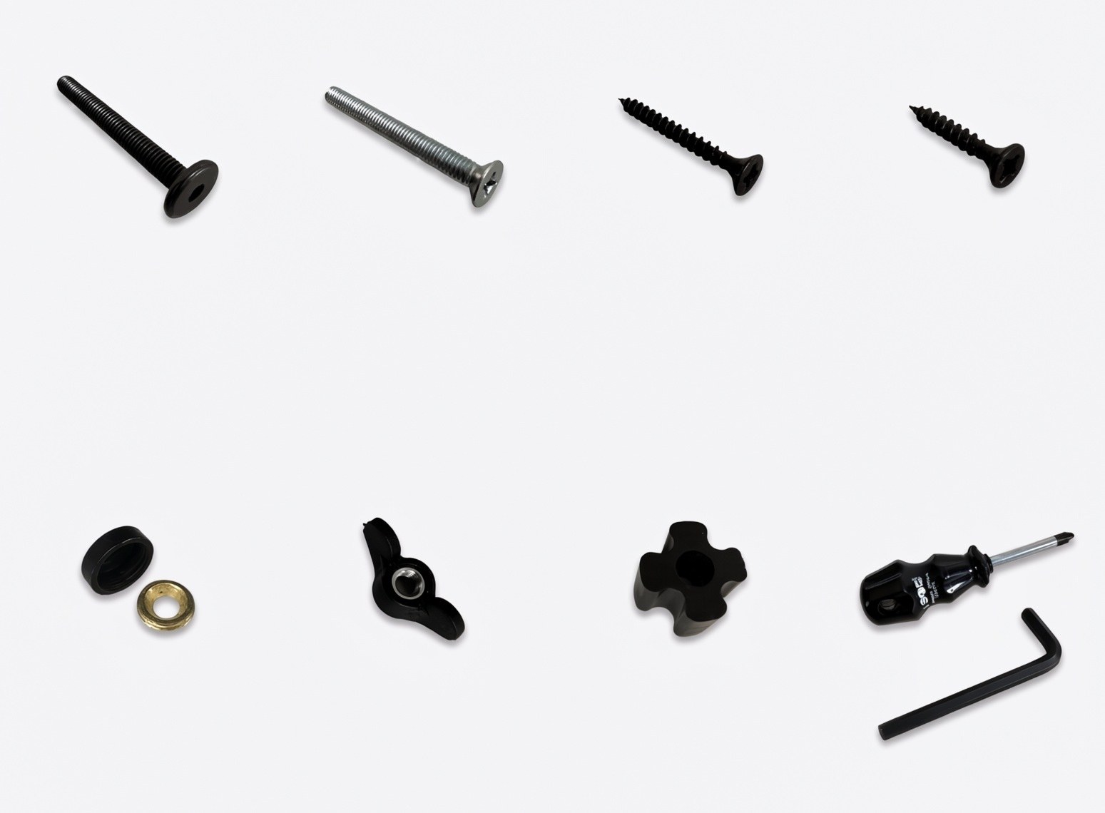 WLO hardware laid out: bolts, screws, washers, knob, screwdriver and 4 mm hex key