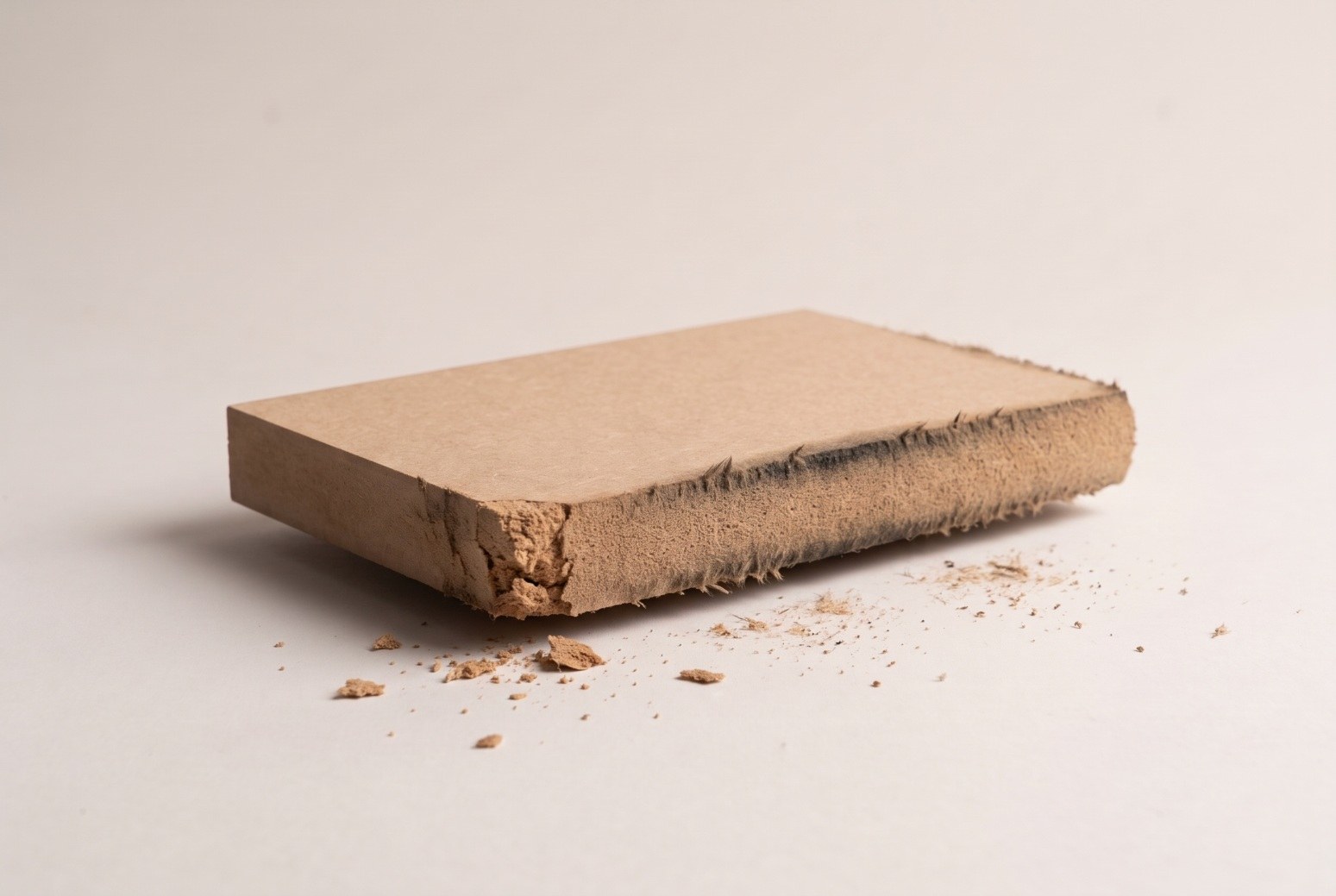 Illustration of an MDF sample with a swollen, crumbling edge after water