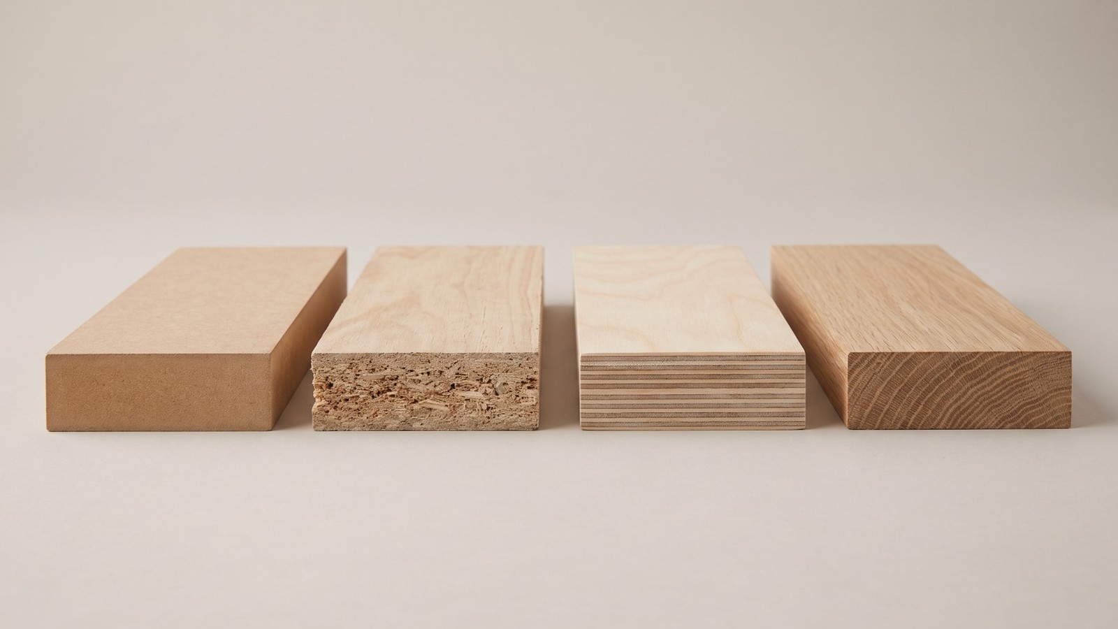 Cut edges of MDF, particleboard, birch plywood and solid oak samples side by side