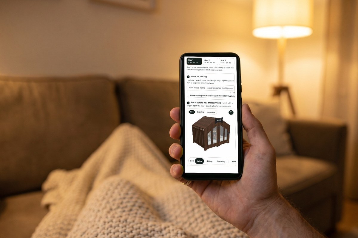 Phone in hand showing the WLO 3D view of a walnut house on a cozy sofa