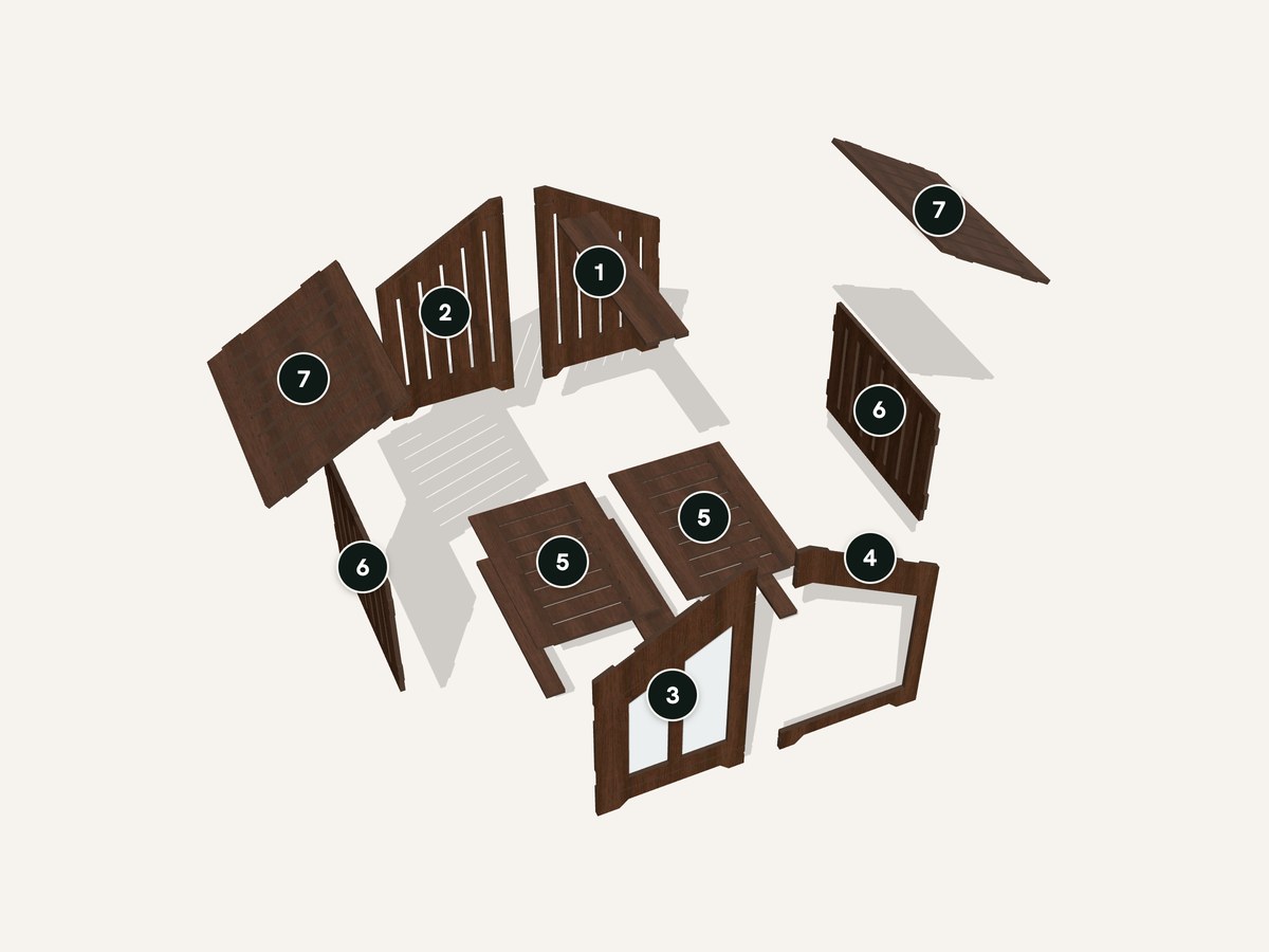 Exploded view of a walnut WLO Gabled with each panel numbered 1 to 7