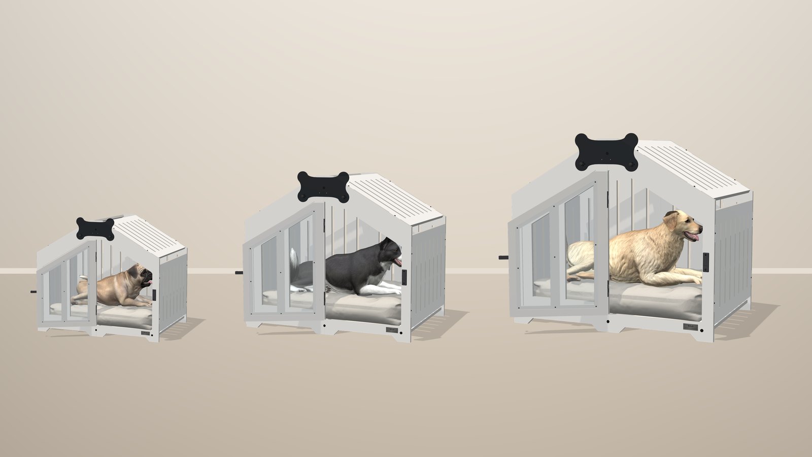 White WLO Gabled Sizes 1, 2 and 3 to scale, each with a dog lying inside