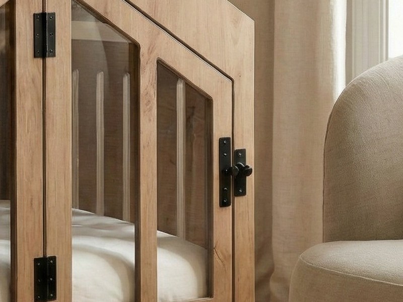Oak WLO door with clear acrylic window, black hinge and latch, close up